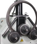 Tough Three Roll Hydraulic Metal Bender That Knocks Out Flat Stock And Square Tubes Without A Sweat Featuring Quick Horizontal Vertical Switching And Serious Three Horsepower Rolling Power, showcasing three rollers for bending.