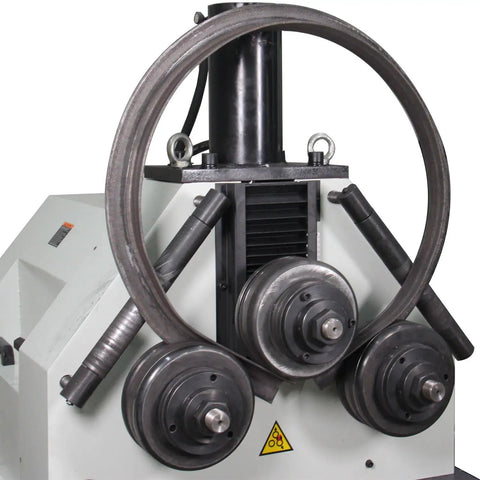 Tough Three Roll Hydraulic Metal Bender That Knocks Out Flat Stock And Square Tubes Without A Sweat Featuring Quick Horizontal Vertical Switching And Serious Three Horsepower Rolling Power, showcasing three rollers for bending.