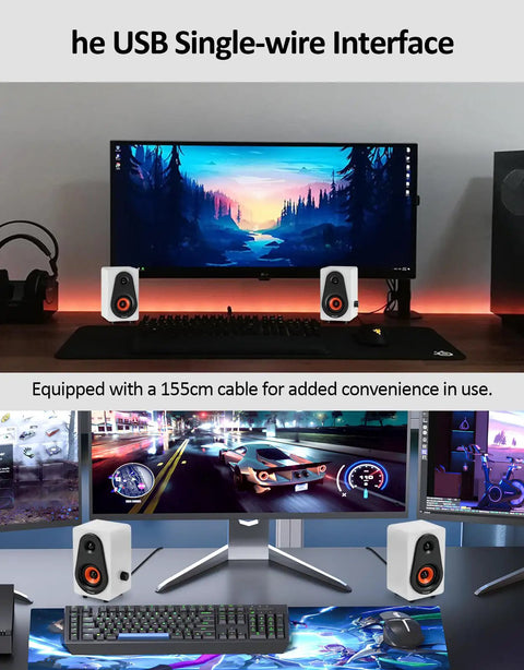 White USB powered computer speakers with built-in audio output on a desk, 12W beefy dual diaphragm stereo, wooden finish