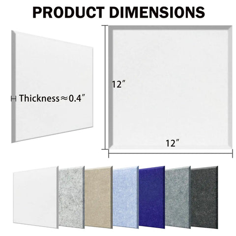 Dope Square Acoustic Wall Panels Self Adhesive 12 Pack Heavy Duty Sound Dampening Tiles showing product dimensions 12x12 inches, thickness 0.4 inches.