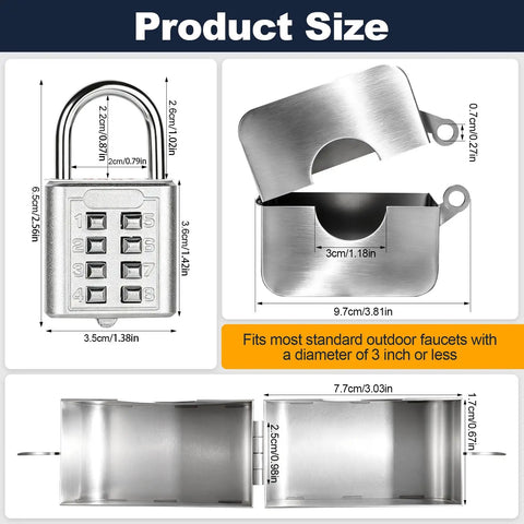 Heavy Duty Outdoor Faucet Lock For 1 To 2.95 Inch Valve Handles, Stainless Steel Water Spigot Lock To Stop Tampering And Wasting Water, Built Tough No Nonsense Security You Can Count On. Size chart of stainless steel faucet lock parts with measurements