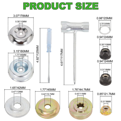 Adapter kit components for 9 Inch 20 Tooth Chainsaw Brush Cutter Blade With Adapter Kit For STIHL Trimmers And Weed Eater, showing various sizes.