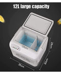 Road Ready Portable Insulin Cooler That Keeps Diabetes Meds And Breast Milk Chilled On The Car Ride With Digital Screen And Car USB Charger For No Sweat Cold Storage Always, 12L capacity with measurements.