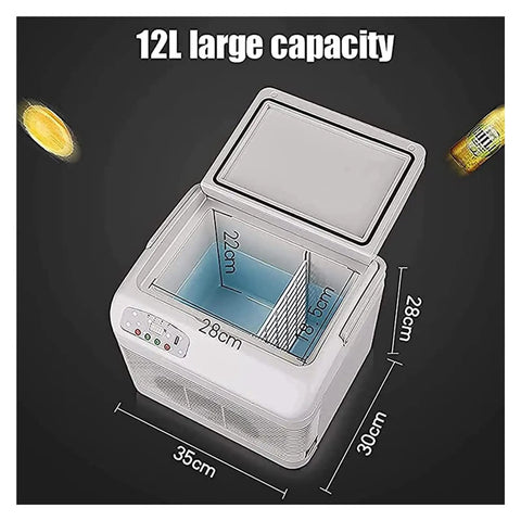 Road Ready Portable Insulin Cooler That Keeps Diabetes Meds And Breast Milk Chilled On The Car Ride With Digital Screen And Car USB Charger For No Sweat Cold Storage Always, 12L capacity with measurements.