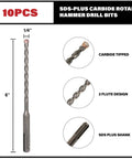 10 Pack One Quarter Inch SDS Plus Rotary Hammer Drill Bits Carbide Tipped For Brick Stone And Concrete Pro Grade Heavy Duty Set