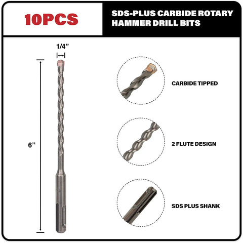 10 Pack One Quarter Inch SDS Plus Rotary Hammer Drill Bits Carbide Tipped For Brick Stone And Concrete Pro Grade Heavy Duty Set