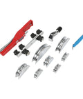 Copper Aluminum Tube Bender Kit With Ratcheting Pipe Bender And Tube Cutter For HVAC Refrigeration Systems One Quarter To Seven Eighths Inch Tubing Durable Pro Grade Aluminum Alloy Body Easy Grip Hand Tool Set displayed with bender heads.