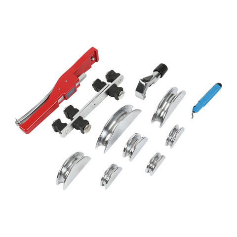 Copper Aluminum Tube Bender Kit With Ratcheting Pipe Bender And Tube Cutter For HVAC Refrigeration Systems One Quarter To Seven Eighths Inch Tubing Durable Pro Grade Aluminum Alloy Body Easy Grip Hand Tool Set displayed with bender heads.