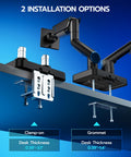 Heavy Duty Dual Monitor Arm For Ultrawide Screens 17 To 45 Inch Full Motion Tilt Swivel showing clamp-on and grommet installation options.