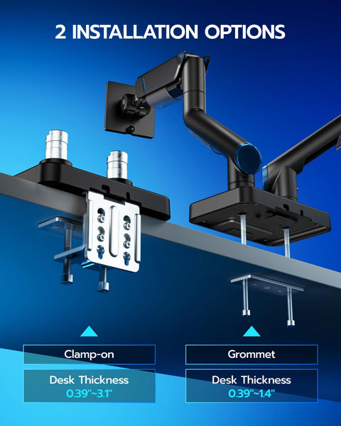 Heavy Duty Dual Monitor Arm For Ultrawide Screens 17 To 45 Inch Full Motion Tilt Swivel showing clamp-on and grommet installation options.