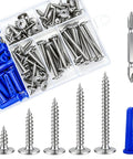 Knockout Value 95 Piece Assortment Kit Featuring Number 8 Phillips Truss Head Wood Screws And Stainless Steel 410 Self Tapping Metal Fasteners with blue anchors.