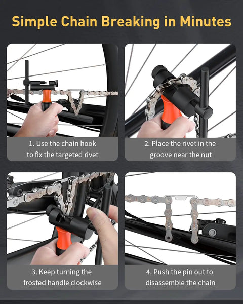 Heavy Duty Bike Chain Breaker Tool For 5 To 12 Speed And Single Speed Chains with instructions for chain breaking