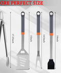 All In One Grill Tools Set With 4 In 1 Spatula, Tongs, Fork, Silicone Brush sizes shown for outdoor cooking, camping, barbecues