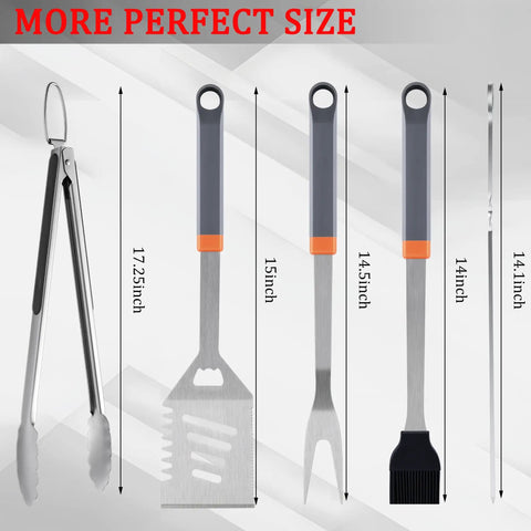 All In One Grill Tools Set With 4 In 1 Spatula, Tongs, Fork, Silicone Brush sizes shown for outdoor cooking, camping, barbecues