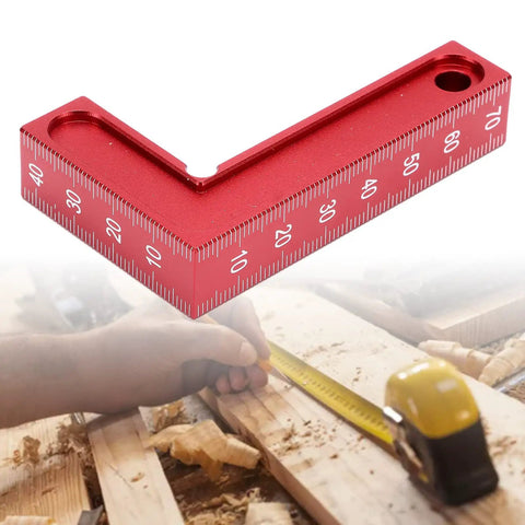 Dead True 90 Degree Positioning Square Aluminum Alloy Right Angle L Shaped Layout Tool Zero Play Gauge For Cabinet Carpentry And Tough Diy Builds Red close-up on scale and layout features.