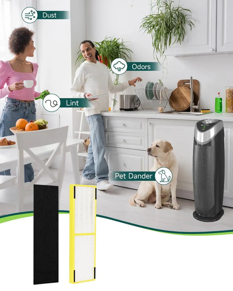 Home kitchen with air purifier, dog, people, and Air Purifier Filter Replacement Set for FLT4825 B Compatible with Guardian AC4825E AC4300BPTCA AC4900 AC4850-2 Includes Four Carbon Filters Combo Pack For Easy, No Hassle Swap visible.