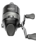Front view of Omega Pro Size 30 Spincast Fishing Reel With Dual Ceramic Pick Up Pins Solid Brass Pinion Gear GlideLine II Line Retrieval System Pre Spooled 10 Pound Line Braid Ready Black Finish For Smooth Tangle Free Casting.