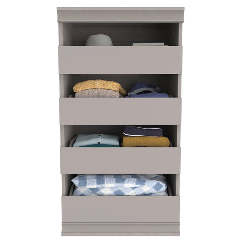 Super Slick Modular Closet Storage Organizer With Four Stackable Drawers In Taupe Decked Out With Decorative Trim And A Solid Back Panel For A Gotta Have Organized Space Vibe That Stays Tight And Totally Hassle Free