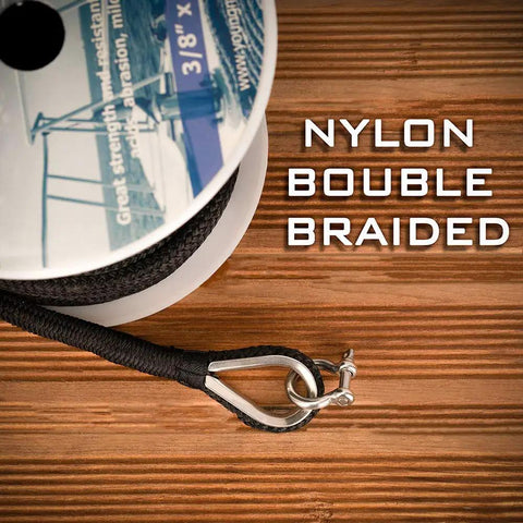 3/8 Inch Nylon Double Braided Anchor Line With Stainless Steel Thimble, 100Ft Black Marine Rope on spool, close-up view.
