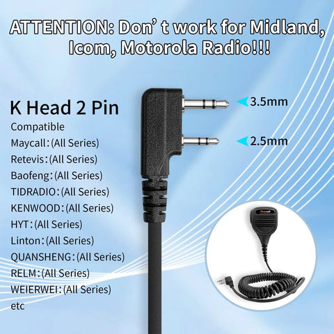 K Head 2 Pin plug for Shoulder Microphone For Walkie Talkies 5 Pack Rugged Pro Grade Headset Mics with compatibility list