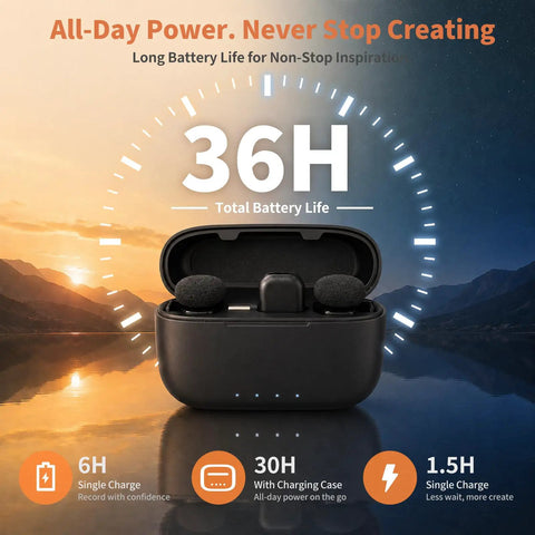 Mini Wireless Lavalier Microphone With AI Noise Cancellation, Dual Channel, 36H Battery Case, sunrise background