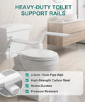 Rock Solid White Toilet Safety Rails With Heavy Duty Non Slip Handles For Seniors And Mobility Aid Bathroom Assist Support Grab Bar installed beside a toilet.
