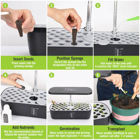 Indoor Hydroponics Garden System With 52 Pods, Smart Led Grow Light, instructions illustrating setup steps and components.