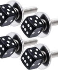 4 Piece Slick Black Dice License Plate Bolt Kit With Shiny Aluminum Covers And Rust Proof Steel Fasteners close-up view of bolts.