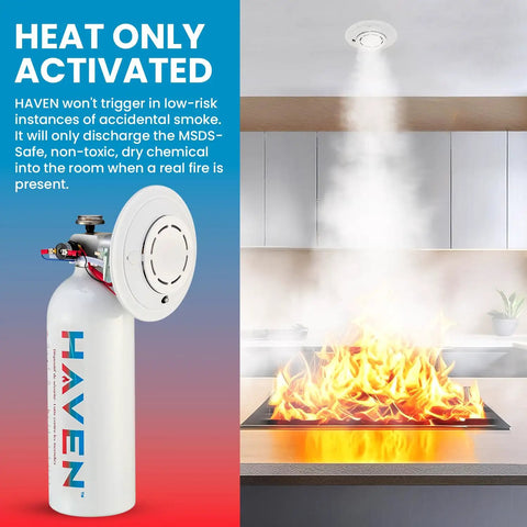 Automatic Heat Activated Fire Suppression Device With 135 Degree Sensor, heat-triggered unit beside flames during kitchen fire.