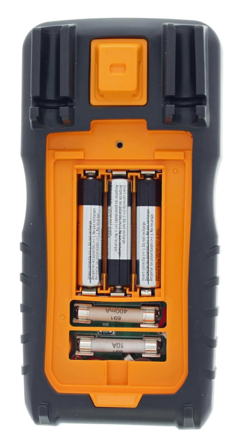 Back of Auto Range Digital Multimeter 600V CAT III NCVT Temp with Backlit Display showing battery compartment