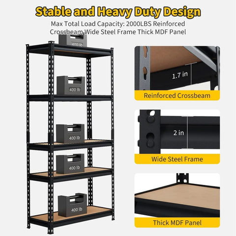 Heavy Duty Five Tier Metal Shelving Unit 48 By 24 By 72 Inches Industrial Storage Rack showing adjustable shelving and load capacity.