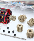 Dope Aluminum 7075 M0.6 Pinion Gear Set 13T 14T 15T 16T 17T For 1/10 RC Cars shown with motor and tools