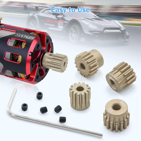 Dope Aluminum 7075 M0.6 Pinion Gear Set 13T 14T 15T 16T 17T For 1/10 RC Cars shown with motor and tools