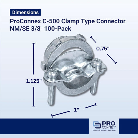 ProConnex C500 Clamp Type Connector NM SE Three Eighths Inch 100 Pack, zinc die-cast, tri-combo screws, product dimensions shown