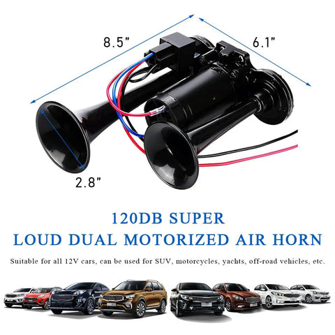 No Nonsense High Output 12V Dual Trumpet Car Air Horn With Compact Compressor, 8.5x6.1 inches, suitable for trucks, motorcycles.