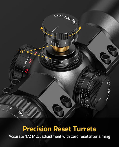 Close-up of the precision reset turrets on the Crossbow Scope 1.5 To 5x32 Magnification With Red Green Illuminated Ballistic Reticle.