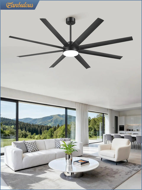 72 Inch Dope Modern Ceiling Fan With Lights And Remote Control, Dimmable 3 CCT, Black Large Ceiling Fan in a spacious living room