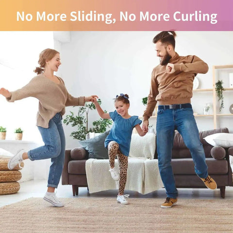 Family dancing on rug secured by 12 Pack Double Sided Non Slip Rug Pad Gripper For Hardwood Floors And Tile Washable Carpet Tape Underlay