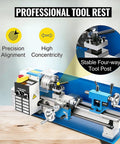 7 Inch Benchtop Metal Lathe Machine With 550W Motor And Up To 2250 Rpm Speed showing four-way tool post and precision controls.