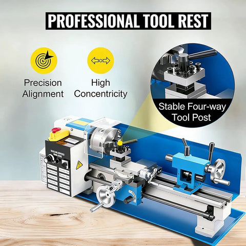 7 Inch Benchtop Metal Lathe Machine With 550W Motor And Up To 2250 Rpm Speed showing four-way tool post and precision controls.