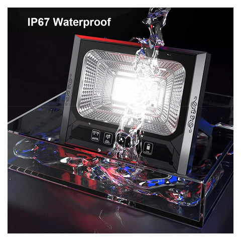 Heavy Duty Solar Led Flood Light With Remote Control Delivers Rock Solid Glow Dusk To Dawn Trigger IP67 rated in water.
