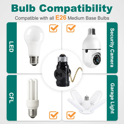 Diagram showing bulb compatibility for E26 to dual prong outlet adapter with pull chain on off switch for light and power.