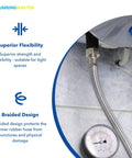 18 Inch Braided Stainless Steel Water Heater Connector Hose 3/4 Inch FIP X 3/4 Inch FIP Female Ends Flexible Steel Flex Universal For Leak Free Shower And Plumbing Installations 2 Pack installed under a sink with a gauge, demonstrating flexibility and braided design.