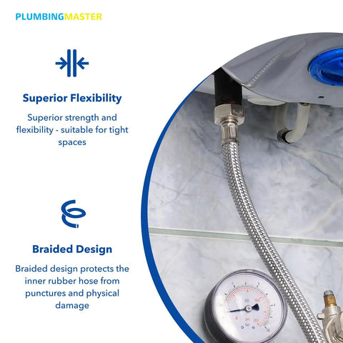 18 Inch Braided Stainless Steel Water Heater Connector Hose 3/4 Inch FIP X 3/4 Inch FIP Female Ends Flexible Steel Flex Universal For Leak Free Shower And Plumbing Installations 2 Pack installed under a sink with a gauge, demonstrating flexibility and braided design.