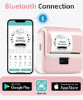 Kickass Portable Bluetooth Label Printer With Slick Wireless Tape Dispenser For Home Office Organization And Shipping Labels No Ink Required Mighty Handy Cordless Thermal Label Maker Handles Wide Continuous Rolls Daily, showing Bluetooth connection to mobile app.
