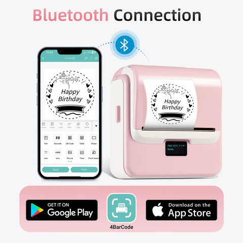 Kickass Portable Bluetooth Label Printer With Slick Wireless Tape Dispenser For Home Office Organization And Shipping Labels No Ink Required Mighty Handy Cordless Thermal Label Maker Handles Wide Continuous Rolls Daily, showing Bluetooth connection to mobile app.