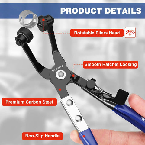Close-up of 3 Piece Hose Clamp Pliers Set with Pouch showing rotatable pliers head and non-slip handle
