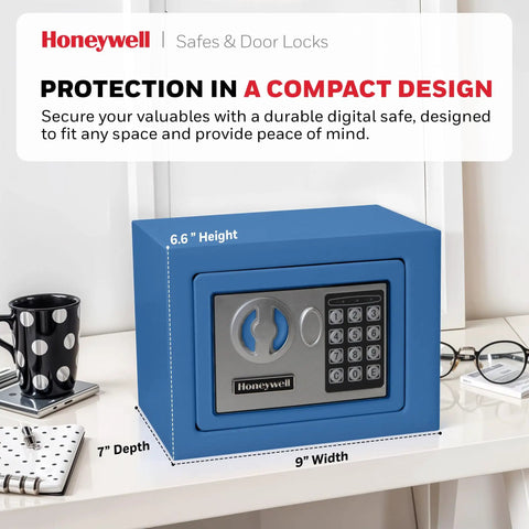 Blue bolt down small safe box with digital lock for home and office, steel security electronic lockbox, 0.17 cubic feet capacity