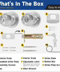 Keyed Entry Door Knob With Lock And Key For Exterior And Interior Doors Satin Nickel Finish components shown