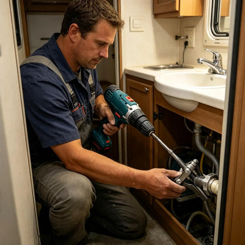 Heavy Duty Pipe Extractor Tool For Snatching Broken Threads Out Of Tricky Tight Corners Without Tearing Down Drywall in use under sink.